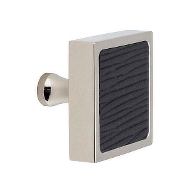 Russell HardwareColonial BronzeLeather Accented Square Cabinet Knob With Flared Post, Frost Chrome x Pinseal Black Seal Leather