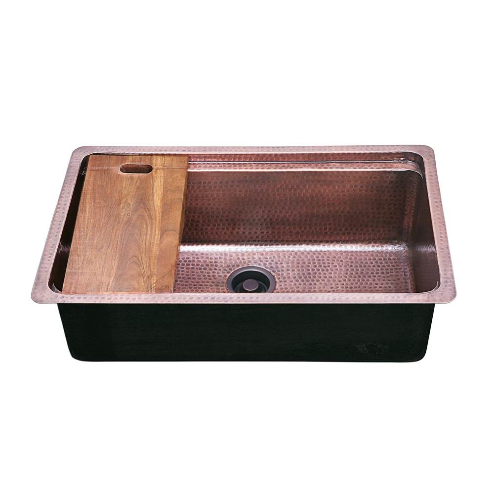 Russell HardwareNantucket SinksBrightwork Collection Hammered Copperl Large Single Bowl Prep Station Sink. Sink Includes Accacia Cutting Board