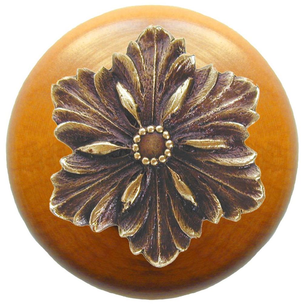 Russell HardwareNotting HillOpulent Flower Wood Knob in Antique Brass/Maple wood finish
