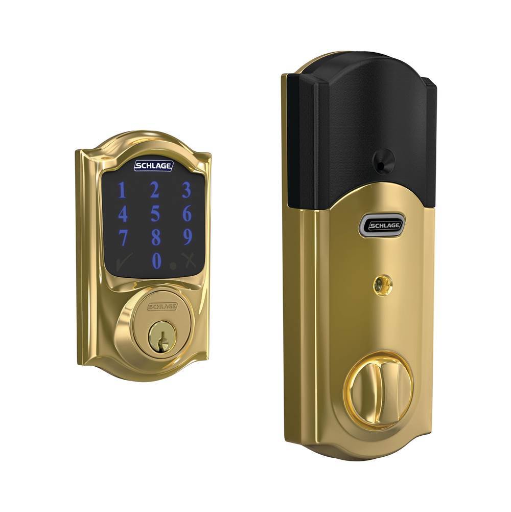 Russell HardwareSchlageConnect Smart Deadbolt with alarm with Camelot Trim in Bright Brass, Z-Wave Plus enabled