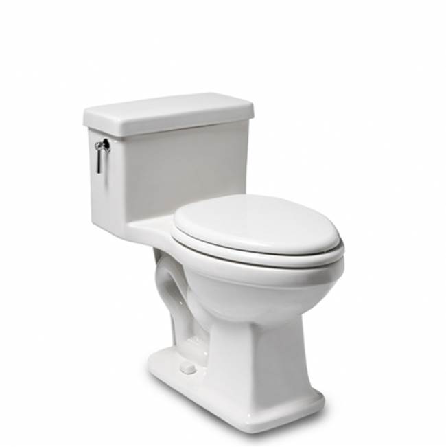 Russell HardwareWaterworksDISCONTINUED Alden One Piece High Efficiency Elongated Watercloset in Warm White with Molded Wood Seat and Matte Nickel Flush Lever