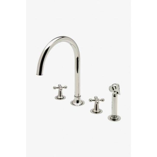 Russell HardwareWaterworksDash Three Hole Gooseneck Kitchen Faucet with Metal Cross Handles and Spray in Nickel, 1.75gpm