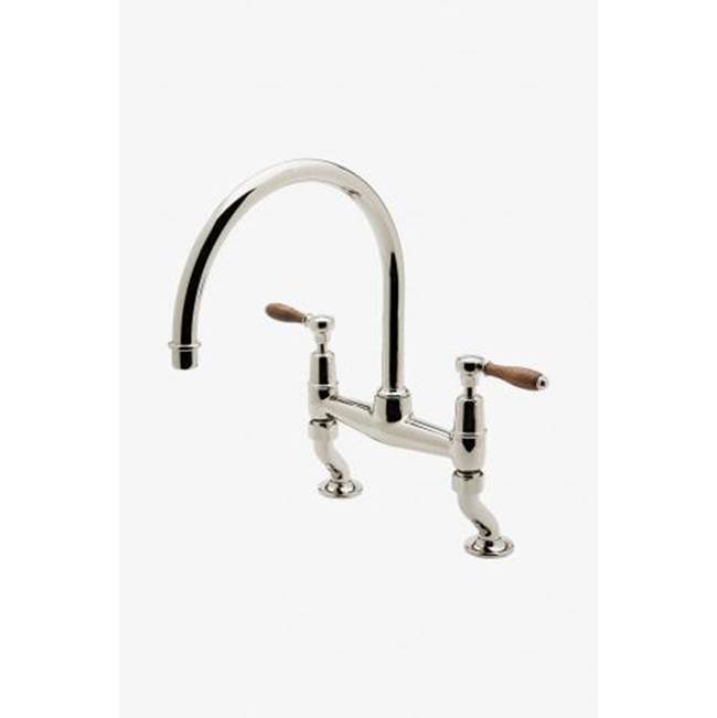 Russell HardwareWaterworksEaston Classic Two Hole Bridge Gooseneck Kitchen Faucet, Oak Lever Handles in Burnished Nickel, 1.75gpm