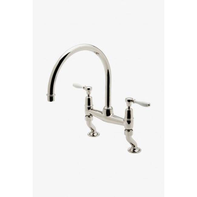 Russell HardwareWaterworksEaston Classic Two Hole Bridge Gooseneck Kitchen Faucet, White Porcelain Lever Handles in Brass, 1.75gpm