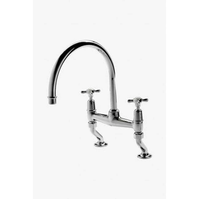 Russell HardwareWaterworksEaston Classic Two Hole Bridge Gooseneck Kitchen Faucet, Metal Cross Handles in Burnished Brass, 1.75gpm