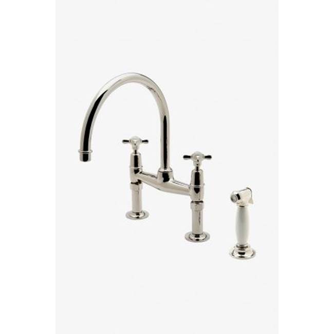 Russell HardwareWaterworksEaston Classic Two Hole Bridge Kitchen Faucet, Metal Cross Handles and White Porcelain Spray in Matte Nickel, 1.75gpm