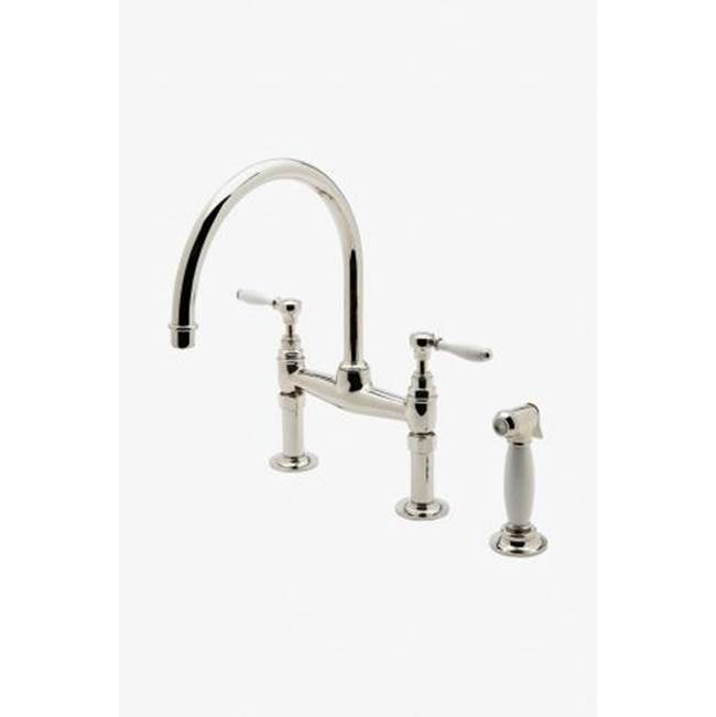 Russell HardwareWaterworksEaston Vintage Two Hole Bridge Gooseneck Kitchen Faucet, White Porcelain Lever Handles and Spray in Burnished Nickel, 1.75gpm