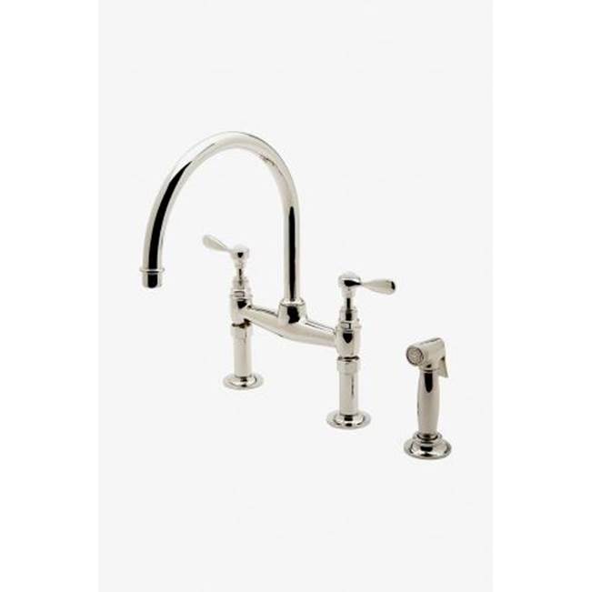 Russell HardwareWaterworksEaston Vintage Two Hole Bridge Gooseneck Kitchen Faucet, Metal Lever Handles and Spray in Burnished Brass