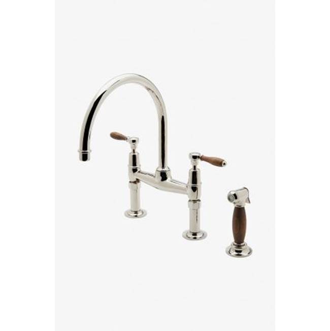 Russell HardwareWaterworksEaston Classic Two Hole Bridge Gooseneck Kitchen Faucet, Oak Lever Handles and Spray in Nickel, 1.75gpm