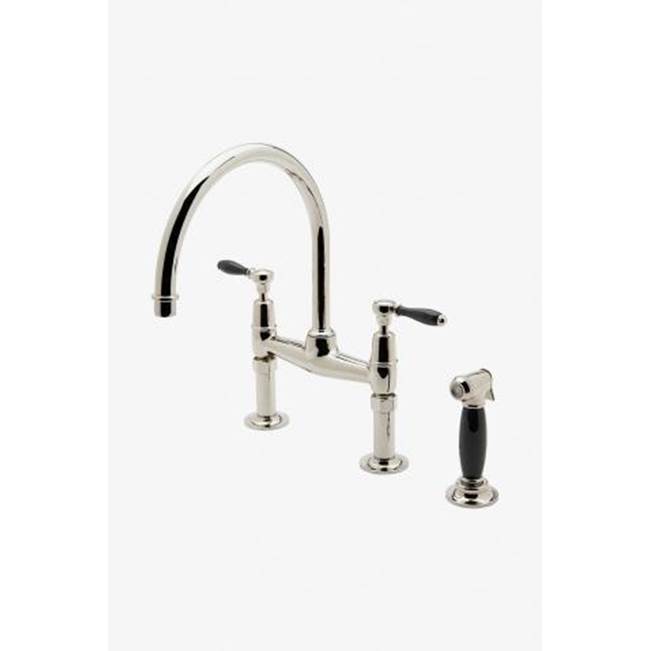 Russell HardwareWaterworksEaston Classic Two Hole Bridge Gooseneck Kitchen Faucet, Black Porcelain Lever Handles and Spray in Burnished Nickel, 1.75gpm