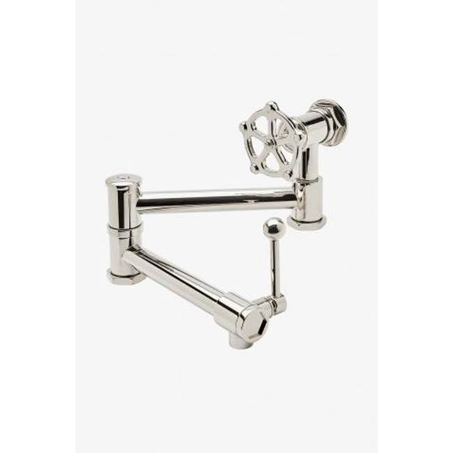 Russell HardwareWaterworksRegulator Wall Mounted Articulated Pot Filler with Metal Wheel and Lever Handle in Matte Gold
