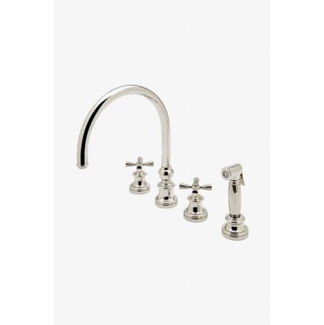Russell HardwareWaterworksForo Three Hole Gooseneck Kitchen Faucet, Metal Cross Handles and Spray in Matte Gold, 1.75gpm (6.6L/min)