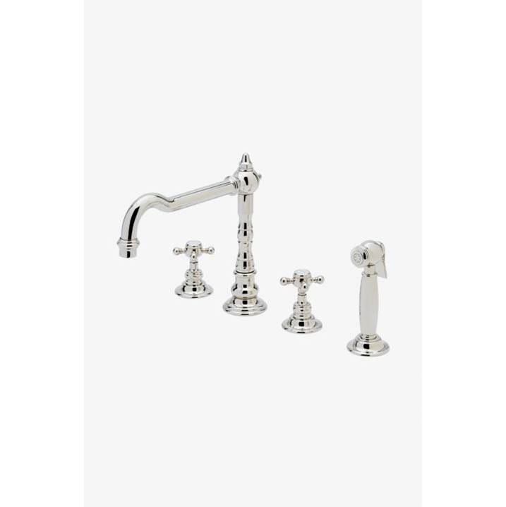 Russell HardwareWaterworksJulia Three Hole High Profile Kitchen Faucet, Metal Cross Handles and Spray in Vintage Brass